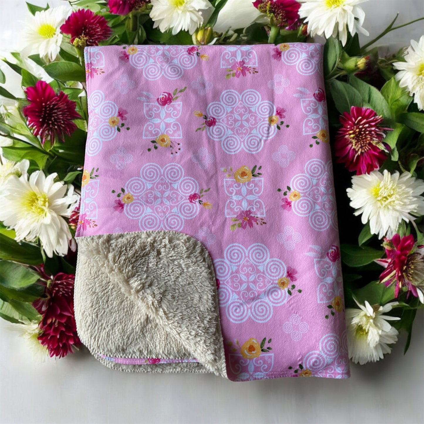 SHERPA BLANKET (SAND) - HMONG INSPIRED DESIGN - PINK AND YELLOW WATERCOLOR FLOWERS FLORALS - WHITE ON PINK BG