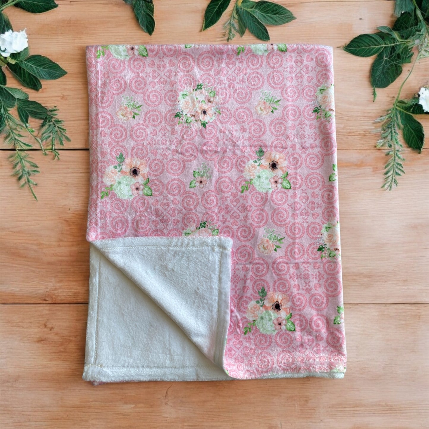 Minky Blanket - Hmong Inspired - Watercolor Florals Leaves Pattern - Pink Theme