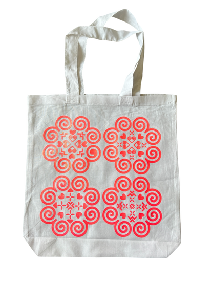 Basic White Tote Bag - Hmong Inspired - Neon Pink, Shiny Textured Design