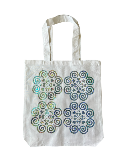 Basic White Tote Bag - Hmong Inspired - Light Blue Aqua Holographic Design