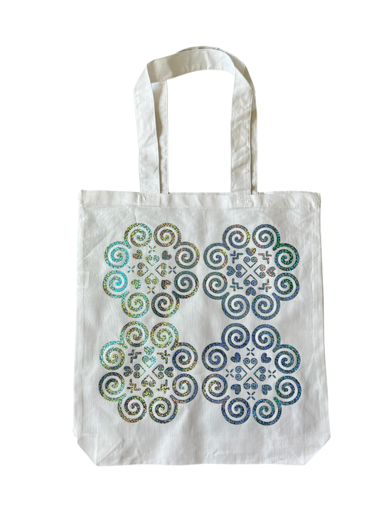 Basic White Tote Bag - Hmong Inspired - Light Blue Aqua Holographic Design