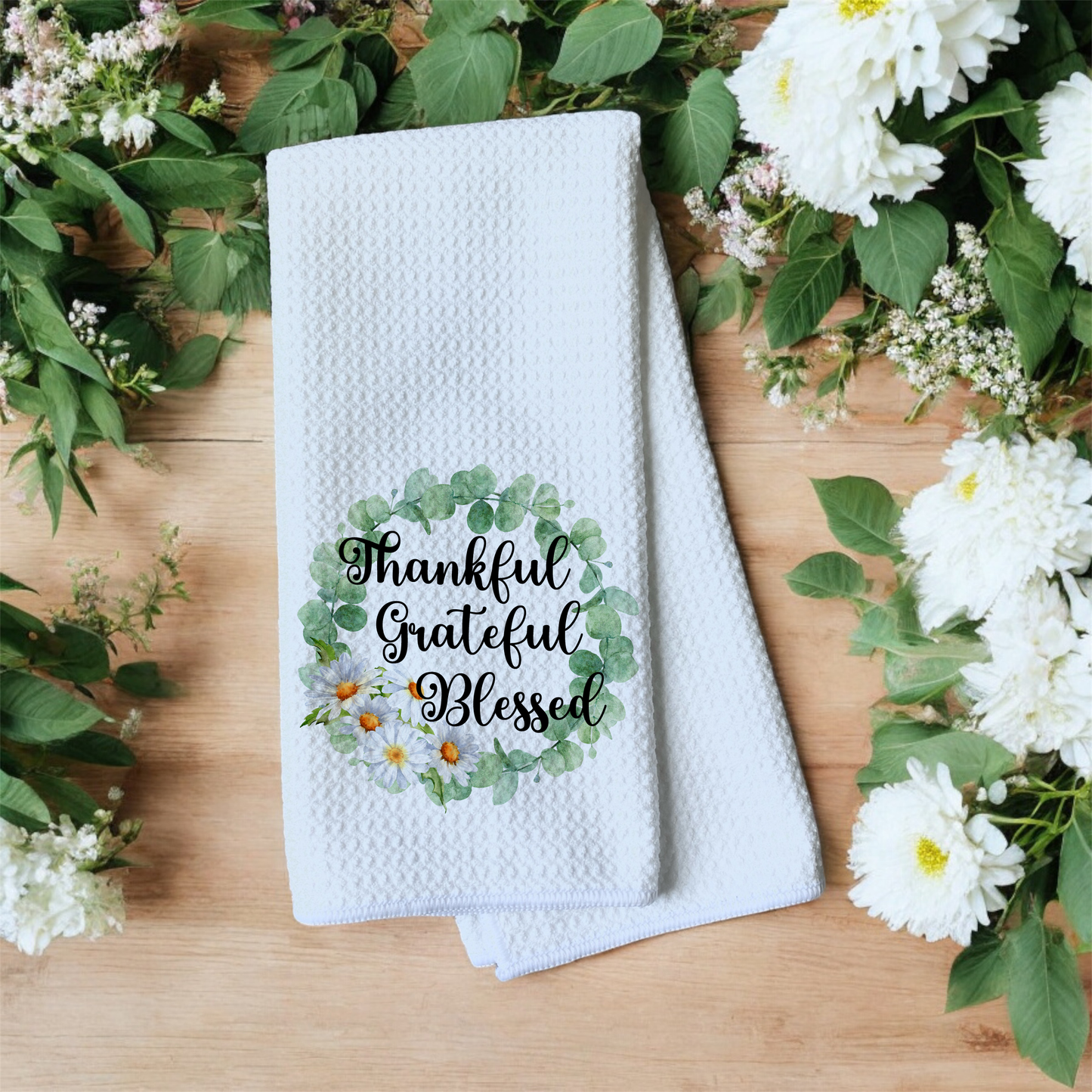 Thankful Grateful Blessed - Eucalyptus Daisies Green Wreath - Waffle Weave Microfiber Hand Kitchen Towel