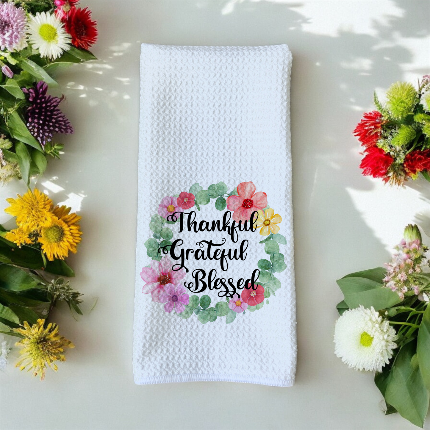 Thankful Grateful Blessed - Assorted Colorful Bright Florals Green Wreath - Waffle Weave Microfiber Hand Kitchen Towel
