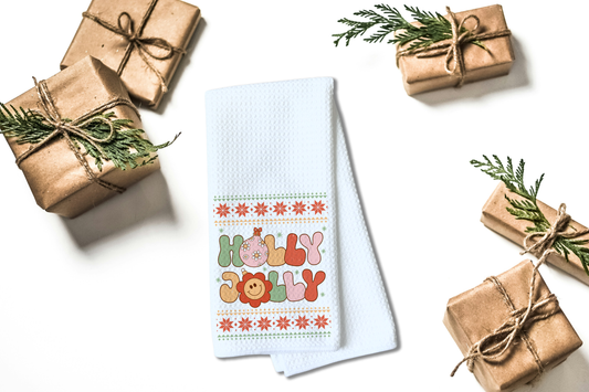 Holly Jolly - Christmas Retro Vintage Theme - Waffle Weave Microfiber Hand Kitchen Towel