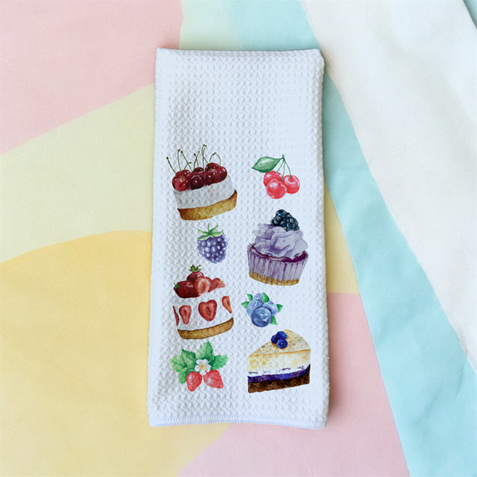 Assorted Watercolor Bakery Sweets Fruits Goodies - Waffle Weave Microfiber Hand Kitchen Towel