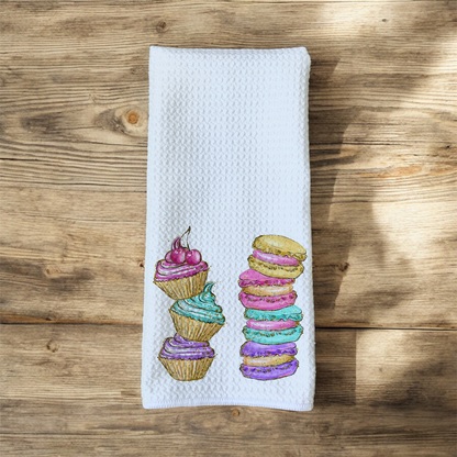 Stacked Watercolor Muffins Cupcakes Macarons - Bright Colorful Theme - Waffle Weave Microfiber Hand Kitchen Towel