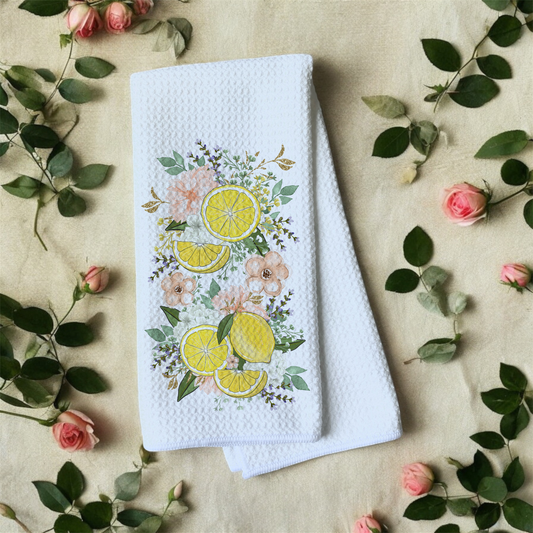 Watercolor Lemons and Pink Green Florals - Bright Colorful Theme - Waffle Weave Microfiber Hand Kitchen Towel