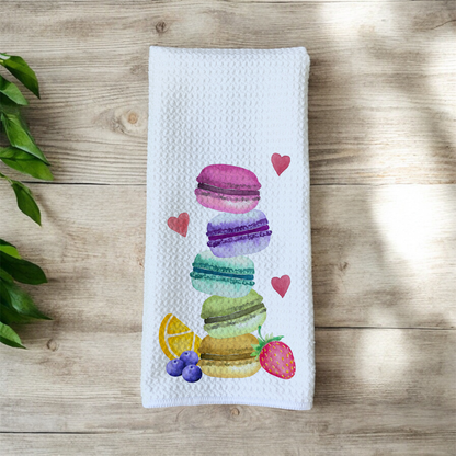 Assorted Watercolor Stacked Fruity Macarons - Bright Colorful Theme - Waffle Weave Microfiber Hand Kitchen Towel