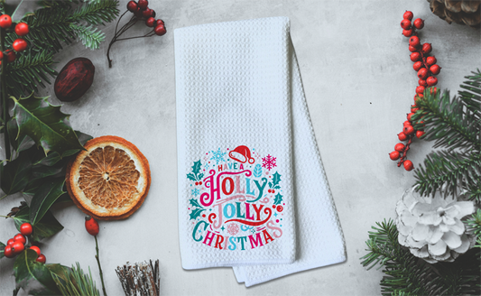 Have a Holly Jolly Christmas - Bright Colorful Theme - Colorful Bright Christmas Theme - Waffle Weave Microfiber Hand Kitchen Towel