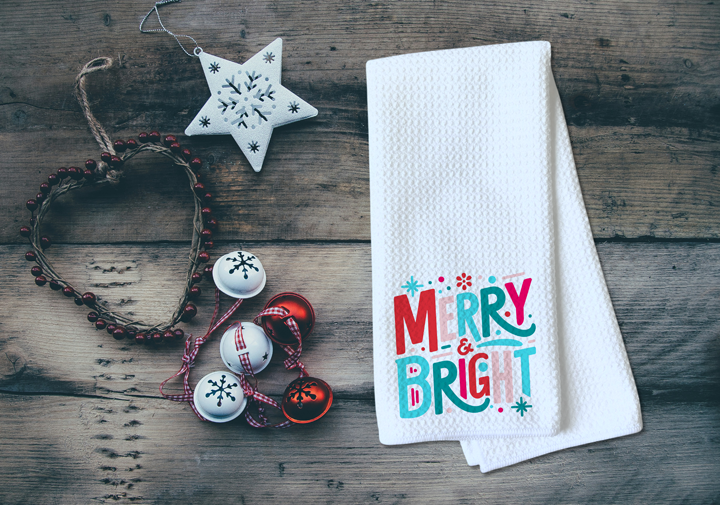 Merry & Bright - Colorful Bright Christmas Theme - Waffle Weave Microfiber Hand Kitchen Towel