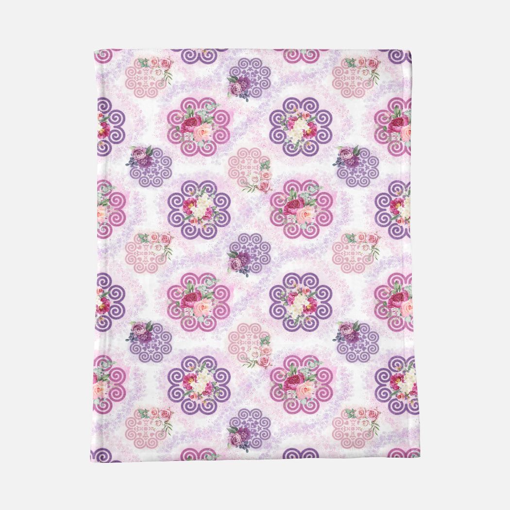 Minky Blanket - Hmong Inspired - Pink and Purple Patchwork - Watercolor Florals - Inkdrips