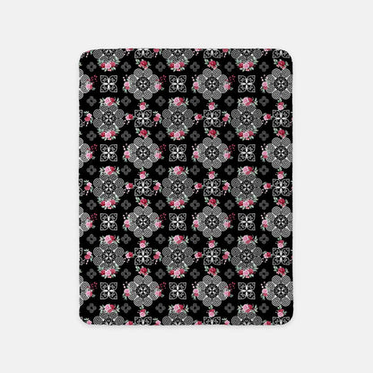 Sherpa Blanket (SAND) - Hmong Inspired Design - Red and Pink Roses Watercolor Florals Flowers on Black BG - Smaller Design