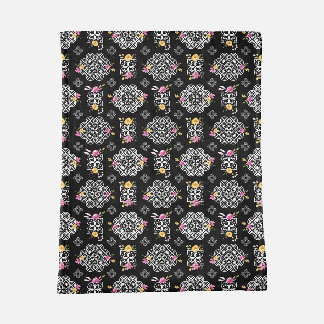 Minky Blanket - Hmong Inspired - Pink and Yellow Watercolor Florals - Black BG