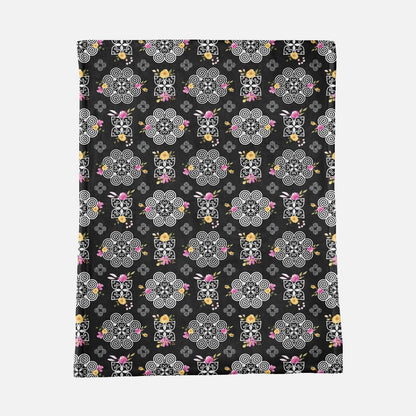 Minky Blanket - Hmong Inspired - Pink and Yellow Watercolor Florals - Black BG