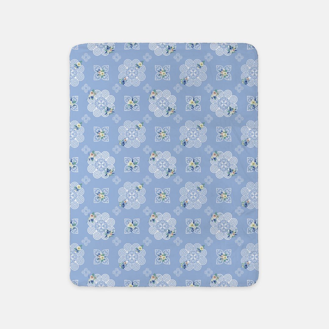 Sherpa Blanket (SAND) - Hmong Inspired - Blue White Watercolor Florals - White on Gray Blue BG