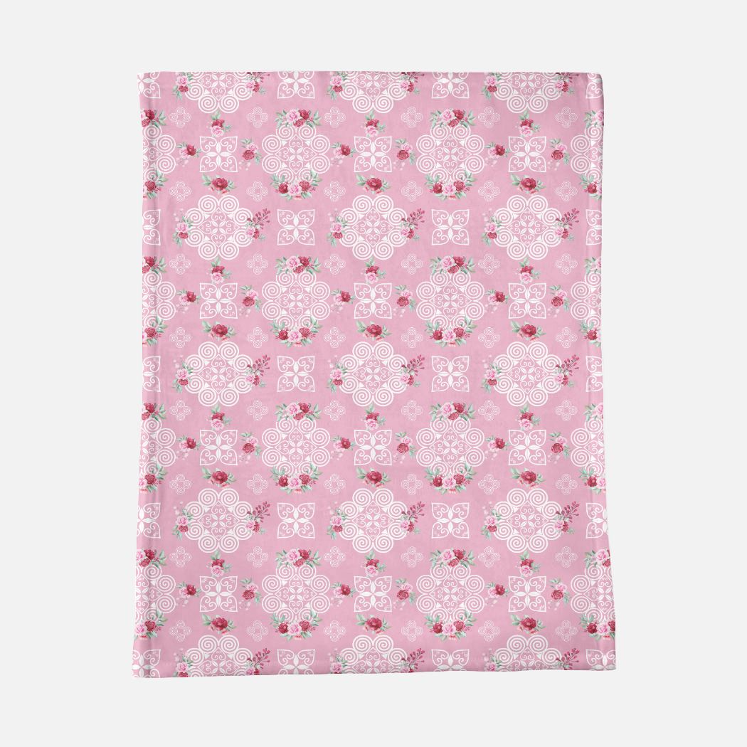 Minky Blanket - Hmong Inspired - Red and Pink Roses Watercolor - Pink BG