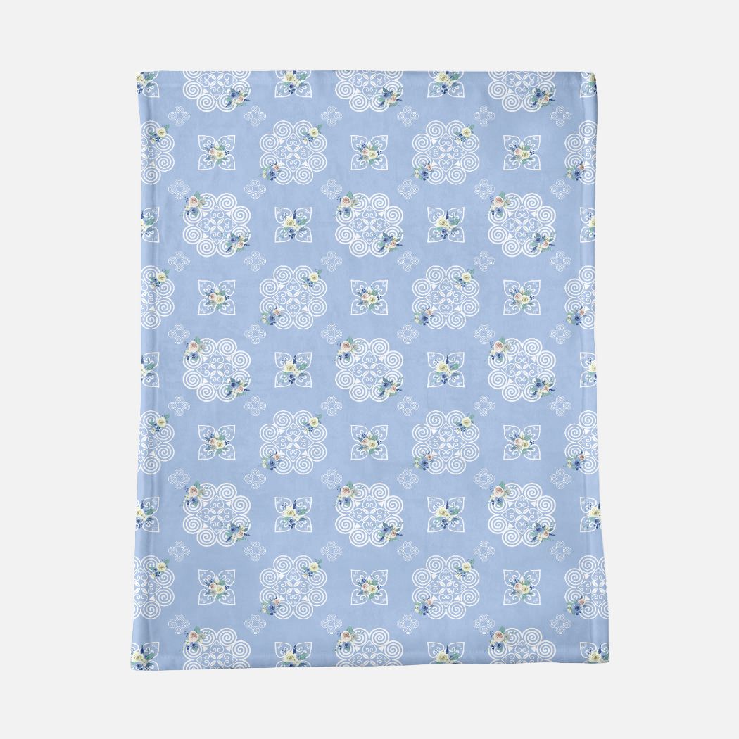 Minky Blanket - Hmong Inspired - Blue White Watercolor Florals - White on Gray Blue BG