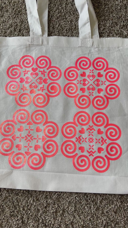 Basic White Tote Bag - Hmong Inspired - Neon Pink, Shiny Textured Design
