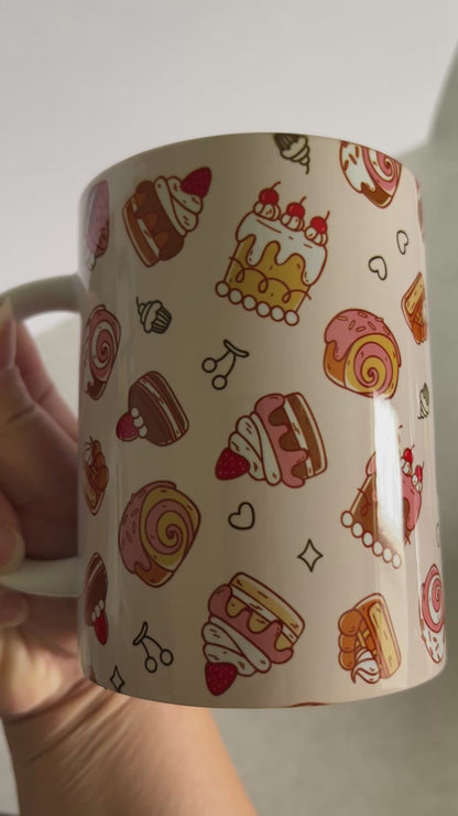 Mug 15oz White Ceramic - Cute Assorted Sweets Bakery - Cakes Rolls Clipart Outline Theme