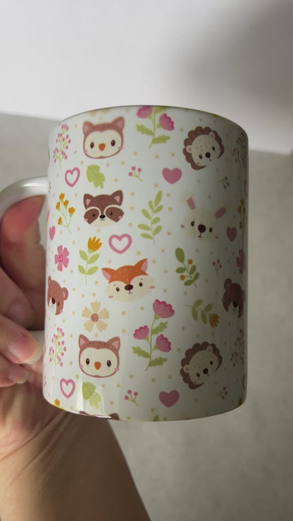 Mug 15oz White Ceramic - Cute Assorted Animals - Pink and Green Theme