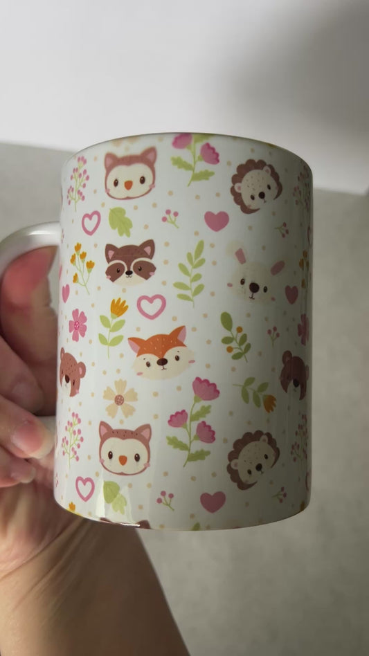 Mug 15oz White Ceramic - Cute Assorted Animals - Pink and Green Theme