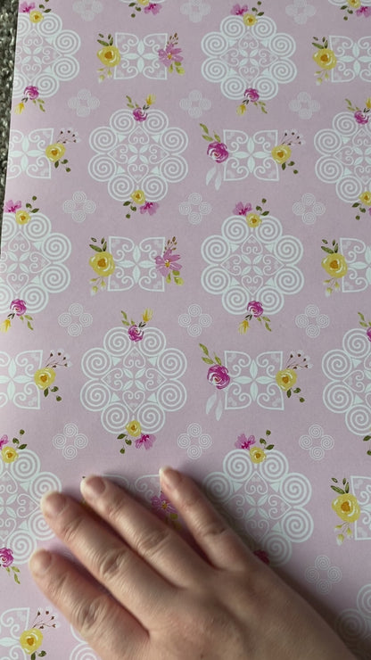 Gift Wrap Papers - Hmong Inspired Design - Pink and Yellow Watercolor Florals Flowers - Pink Background