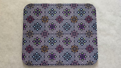 1/4" Thick Mousepad - Hmong Inspired - Cute Colorful Pattern Design - Bright Blue Pink Denim Pastel Theme