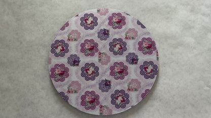 7.5" Round Mousepad (1/4" Thick) - Hmong Inspired - Watercolor Florals Patchwork - Pink and Purple Ink Splashes