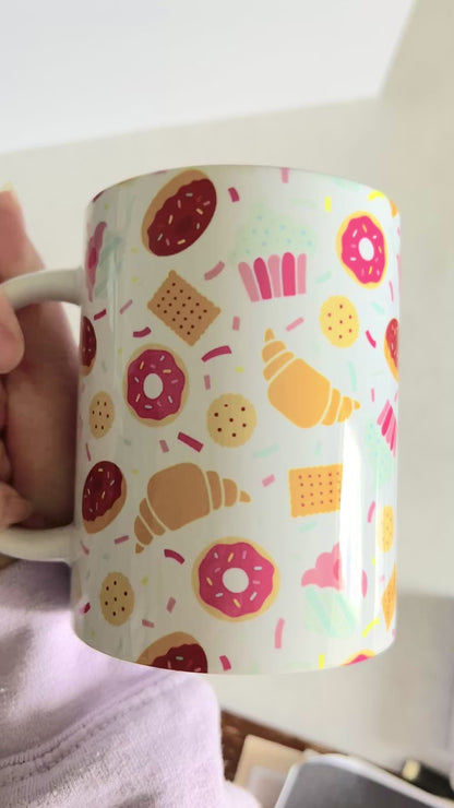 Mug 15oz White Ceramic - Assorted Sweets Bakery - Donut Croissant Theme