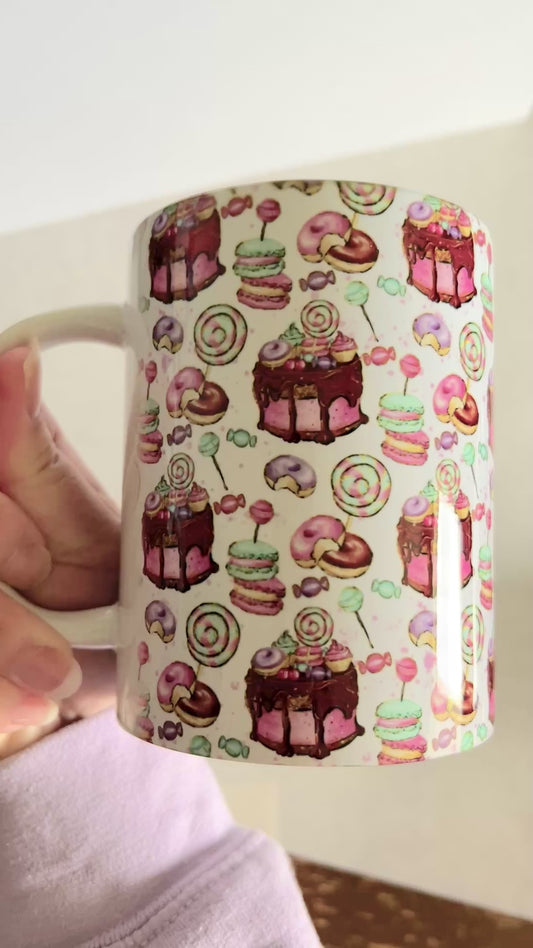 Mug 15oz White Ceramic - Watercolor Assorted Sweets Bakery - Bright Colorful Theme