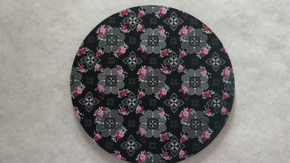 7.5" Round Mousepad (1/4" Thick) - Hmong Inspired - Red and Pink Watercolor Roses - White on Black Theme