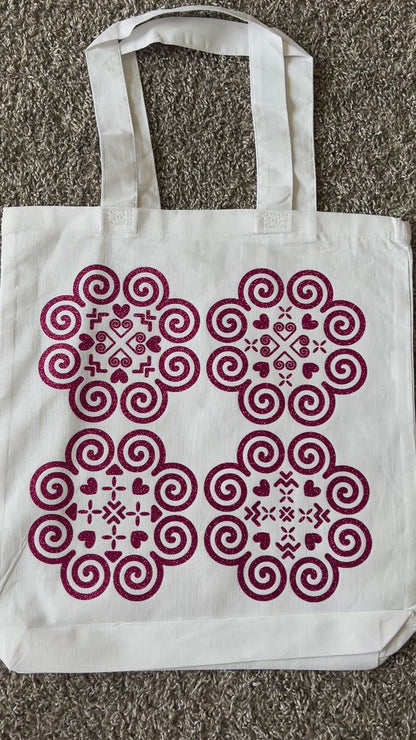 Basic White Tote Bag - Hmong Inspired - Dark Pink Glitter Design