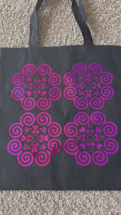 Basic Black Tote Bag - Hmong Inspired - Magenta Holographic Design