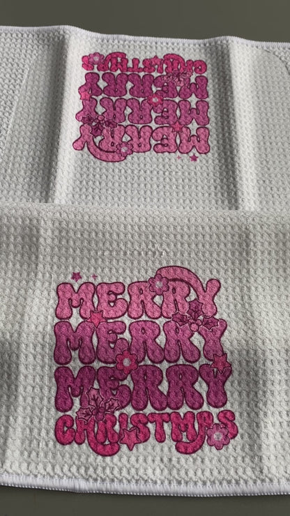 Merry - Christmas Retro Vintage Pink Theme - Waffle Weave Microfiber Hand Kitchen Towel