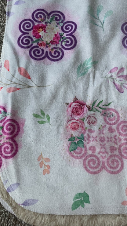 Sherpa Blanket (SAND) - Hmong Inspired - Pink and Purple Patch - Leaves Theme - White BG