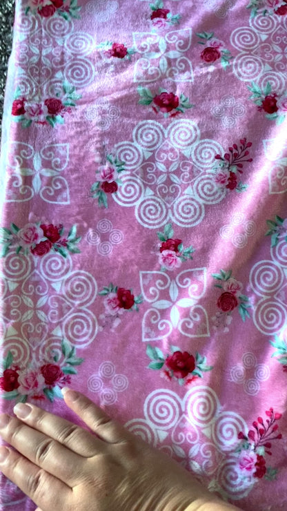 Minky Blanket - Hmong Inspired - Red and Pink Roses Watercolor - Pink BG