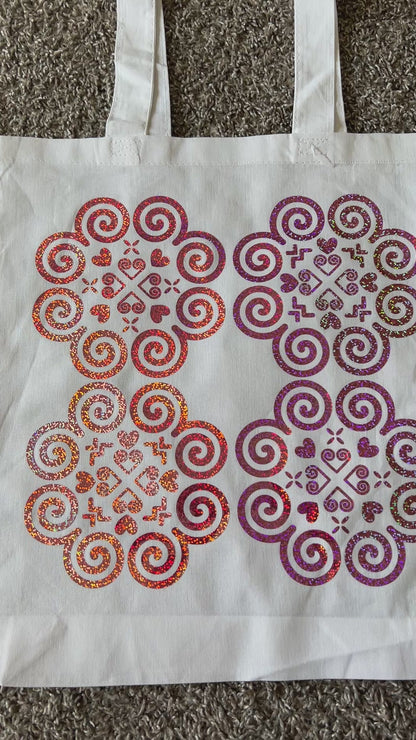 Basic White Tote Bag - Hmong Inspired - Rose Pink Holographic Design 2 (Rotated)