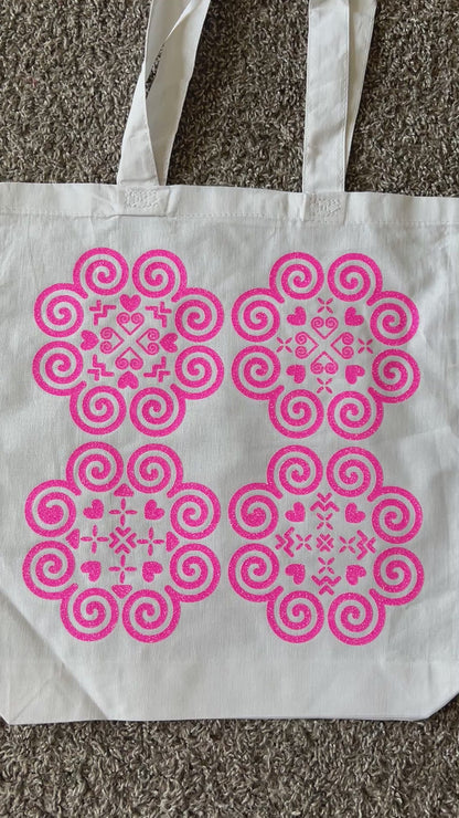 Basic White Tote Bag - Hmong Inspired - Bright Hot Pink Glitter Design