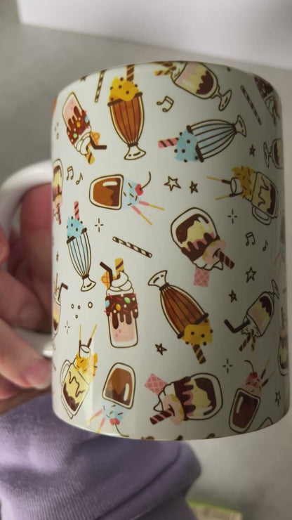 Mug 15oz White Ceramic - Assorted Desserts Bakery Ice Cream Shakes - Clipart Outline Style