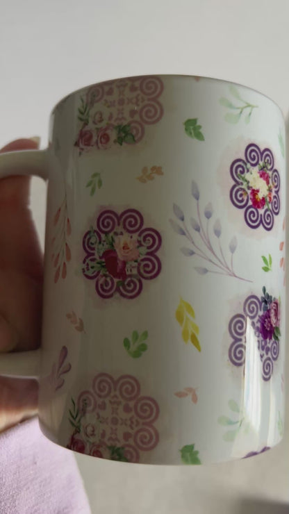 Mug 15oz White Ceramic - Hmong Inspired - Watercolor Florals Leaves Patchwork