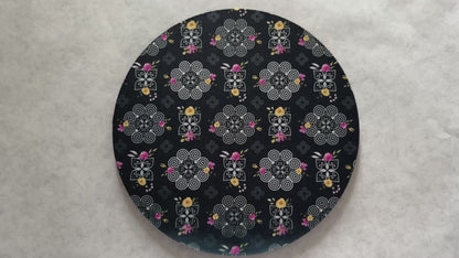 7.5" Round Mousepad (1/4" Thick) - Hmong Inspired - Pink and Yellow Watercolor Florals - White on Black Theme
