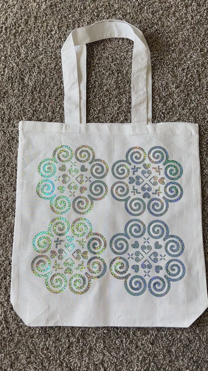 Basic White Tote Bag - Hmong Inspired - Light Blue Aqua Holographic Design
