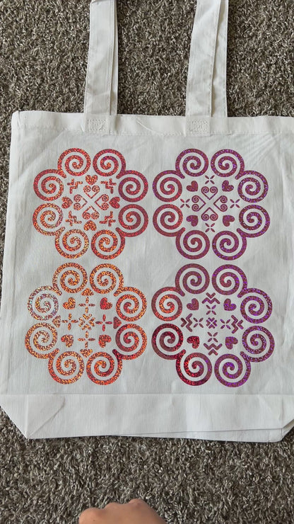 Basic White Tote Bag - Hmong Inspired - Rose Pink Holographic Design