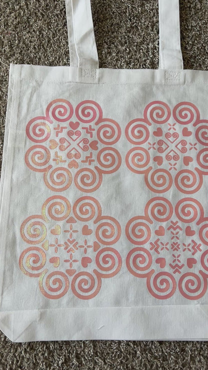 White Tote Bag - Hmong Inspired - Pink, Shiny Textured Design