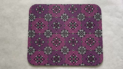 1/8" Thick Mousepad - Hmong Inspired - Cute Colorful Pattern Design - Bright Pink and Purple Theme