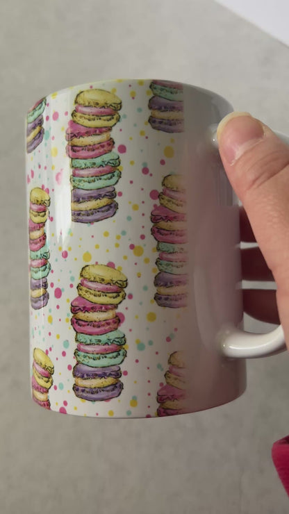 Mug 15oz White Ceramic - Watercolor Bakeries Dessert - Bright Colorful Macaroons