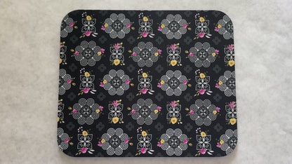 1/4" Thick Mousepad - Hmong Inspired - Pink and Yellow Watercolor Florals - White on Black Theme