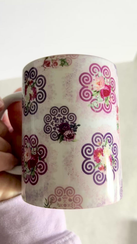 Mug 15oz White Ceramic - Hmong Inspired - Watercolor Florals Patchwork - Pink Purple Ink Splatters